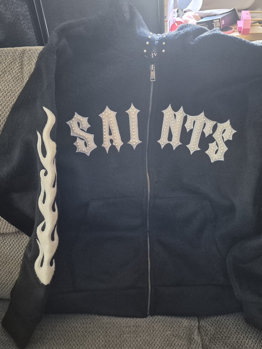 Copper Rivet Saints Black Flame Graphic MoHair Full Zip Hoodie Men's 3XL With